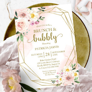 Blush Floral Gold Brunch And Bubbly Bridal Shower Invitation