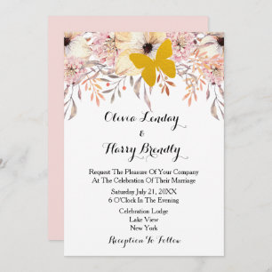 Blush Floral Gold Butterfly Wedding Invitation