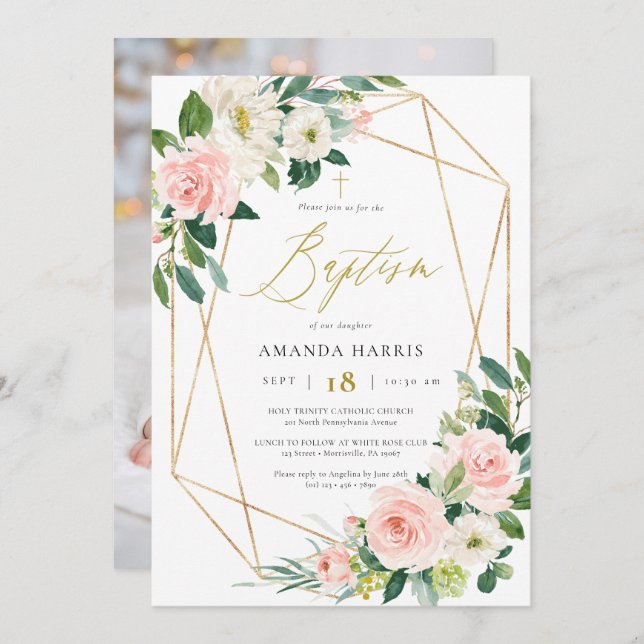 Blush Floral & Gold Frame Photo Baptism Invitation (Front/Back)