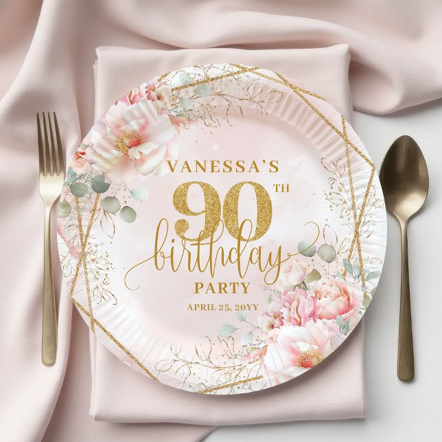 Blush Floral Gold Frame Stylish 90 Birthday Plates (Blush Floral Gold Frame Stylish 90th Birthday Plates)