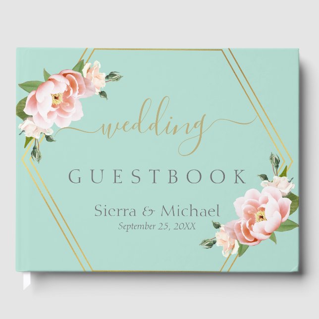 Blush Floral Gold Geometric Mint Green Wedding Guest Book (Front)