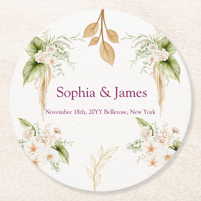 Blush Floral Gold Geometric wedding Round Paper Coaster (Front)