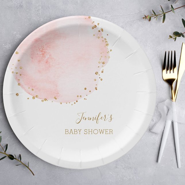 Blush Floral Gold Glitter Dots Baby Shower Paper Plate (Creator Uploaded)