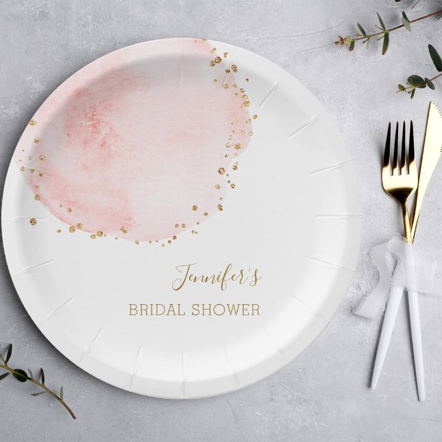 Blush Floral Gold Glitter Dots Bridal Shower Paper Plate (Creator Uploaded)