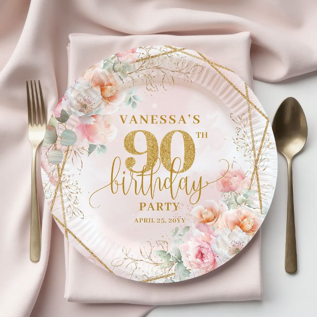 Blush Floral Gold Glitter Elegant 90th Birthday   Paper Plate (Blush Floral Gold Glitter Elegant 90th Birthday Plates)