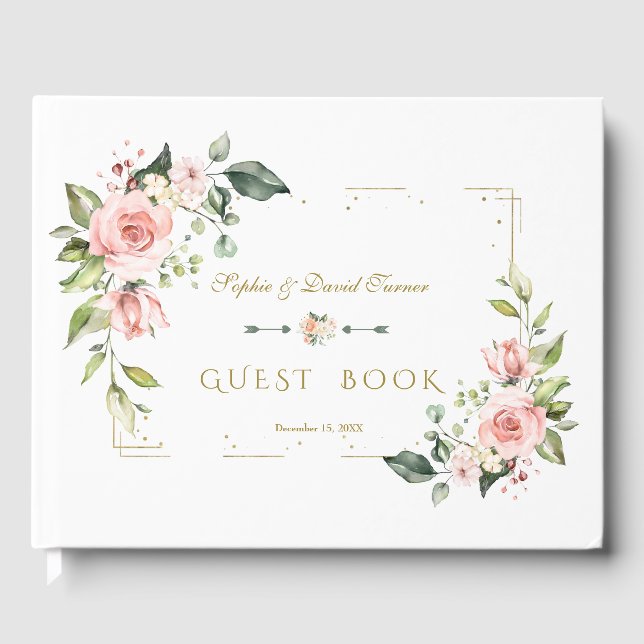 Blush Floral Gold Glitter Frame Navy Wedding Guest Book (Front)
