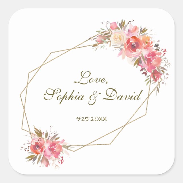 Blush Floral Gold Glitter Frame Wedding Square Sticker (Front)