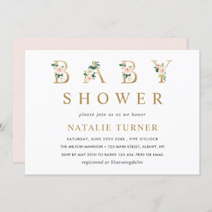 Blush Floral Gold Letters Baby Shower Invitation
