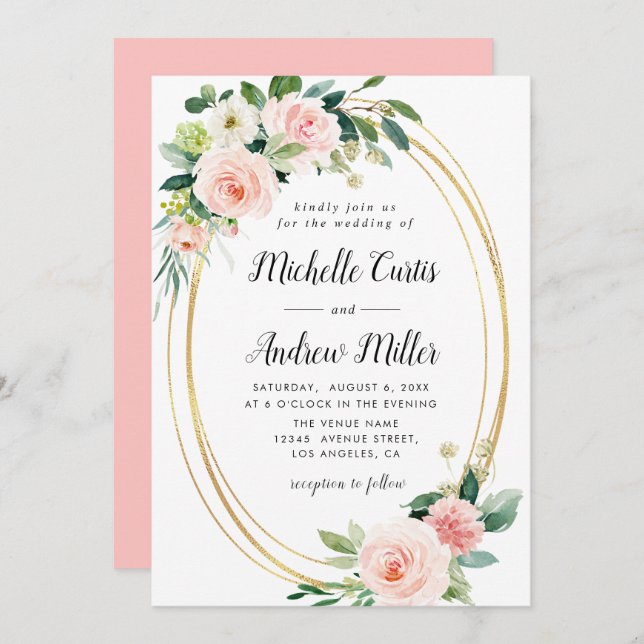 blush floral gold ring wedding invitation (Front/Back)