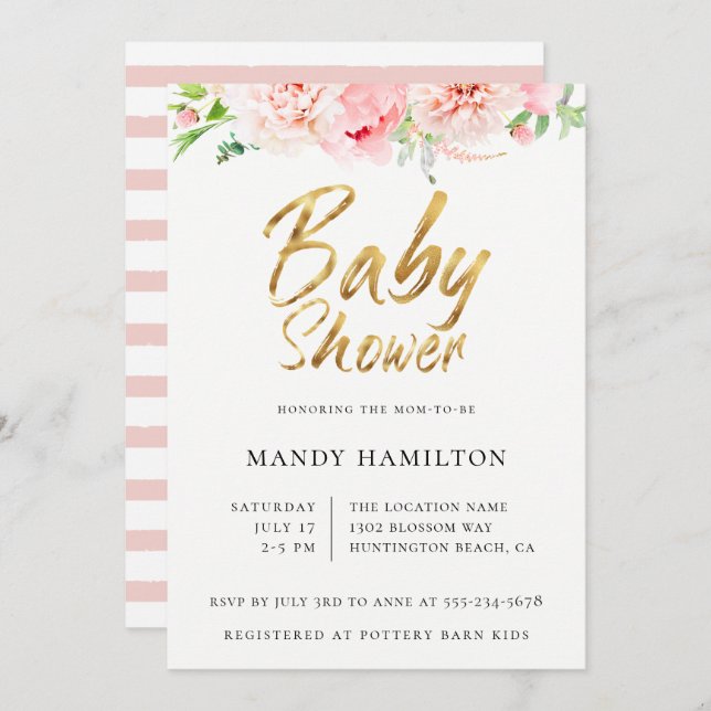 Blush Floral Gold Script Baby Shower Invitation (Front/Back)