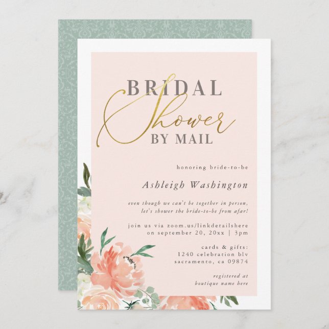 Blush Floral Gold Script Bridal Shower By Mail Invitation (Front/Back)