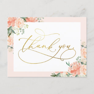 Blush Floral & Gold Script Thank You Postcard