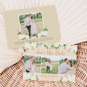 Blush Floral Gold Script Three Photo Wedding Save The Date