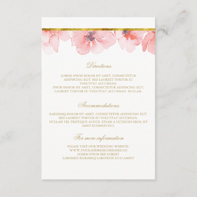 Blush Floral Gold Wedding Details - Information Enclosure Card (Front)