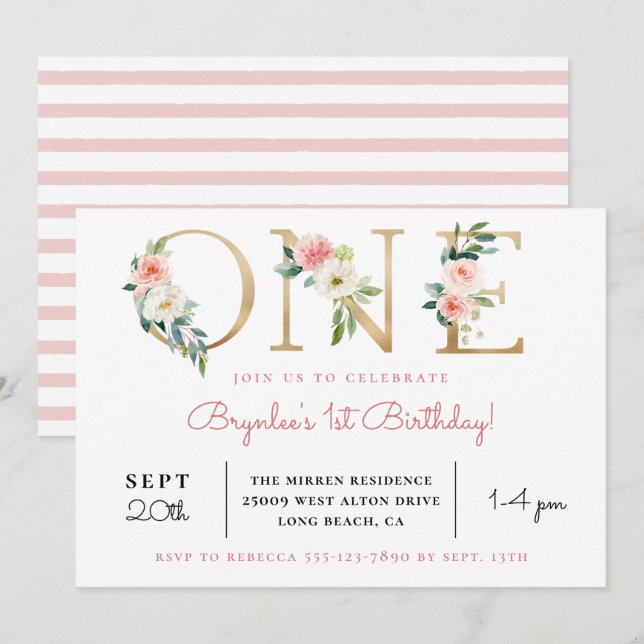 Blush Floral Golden ONE | 1st Birthday Invitation (Front/Back)