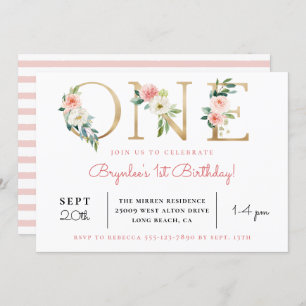 Blush Floral Golden ONE   1st Birthday Invitation