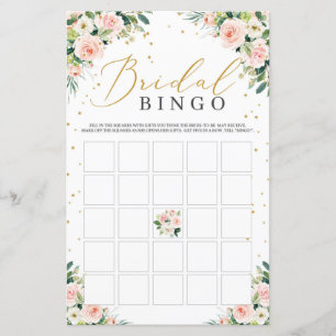 Blush floral green bridal shower bingo game card