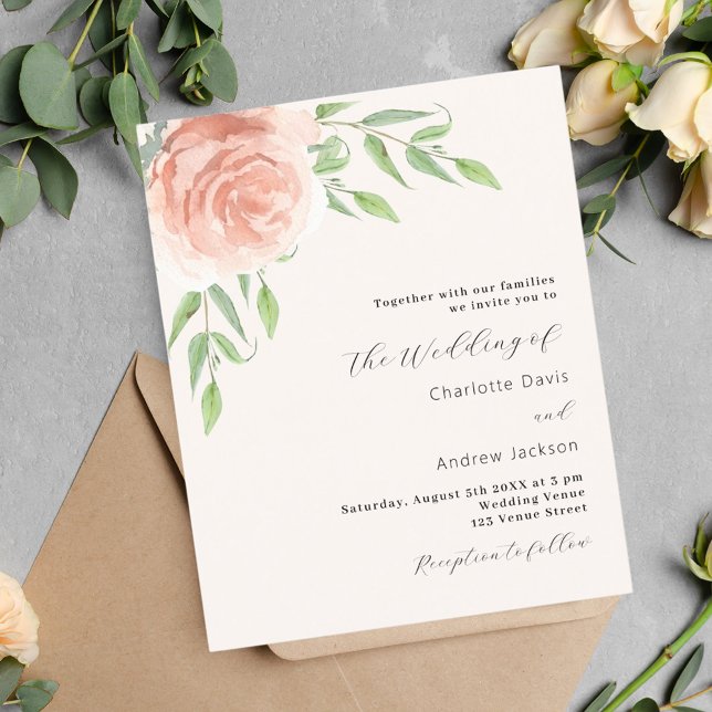 Blush floral greenery budget wedding invitation (Creator Uploaded)