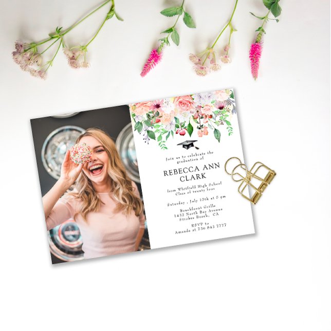 Blush Floral Greenery Custom Photo Graduation  Invitation (Creator Uploaded)