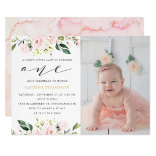 Blush Floral Greenery Girl 1st Birthday Photo Invitation