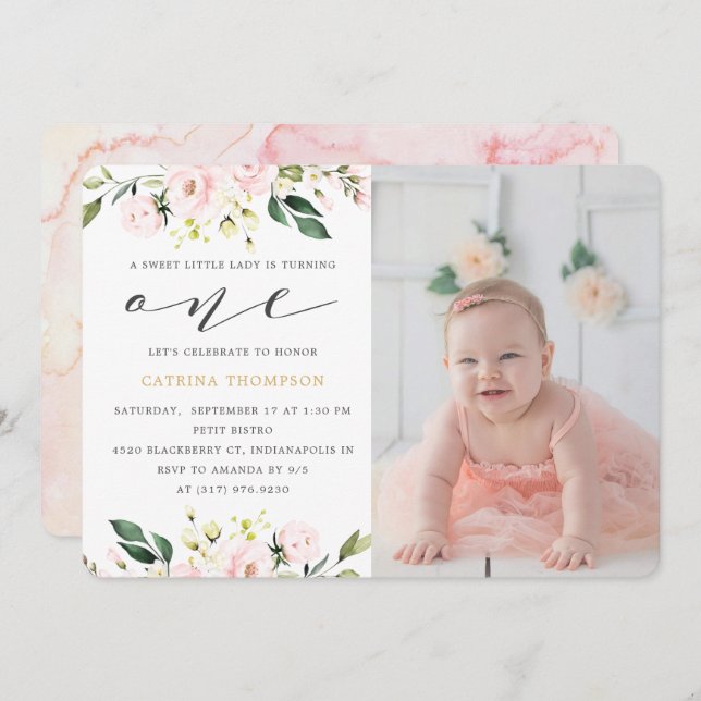 Blush Floral Greenery Girl 1st Birthday Photo Invitation (Front/Back)