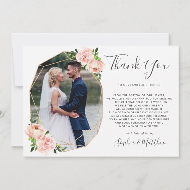 Blush Floral Greenery Gold Geometric Photo Wedding Thank You Card (Front)