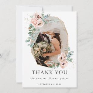 Blush Floral Greenery Gold Geometric Photo Wedding Thank You Card