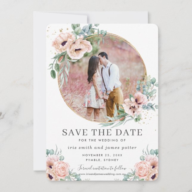 Blush Floral Greenery Photo Save the Date Card (Front)