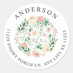 Blush Floral Greenery return address Classic Round Sticker