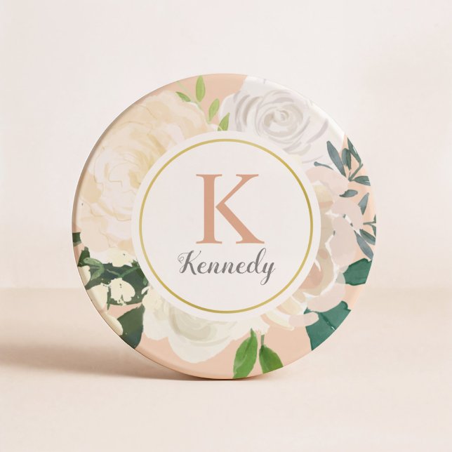 Blush Floral Greenery Rose Gold Monogram Initial Coaster (Creator Uploaded)