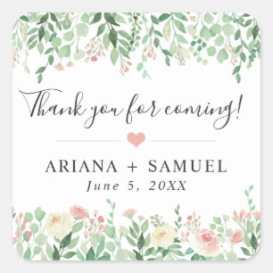 Blush Floral Greenery wedding thank you favour Square Sticker