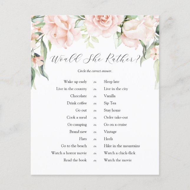 Blush Floral Greenery Would She Rather Game (Front)