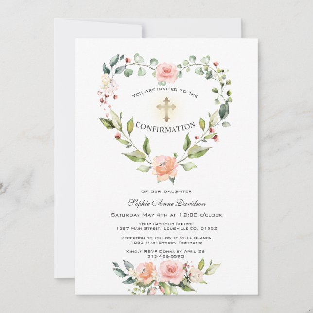 Blush Floral Heart Frame Cross Girl Confirmation Invitation (Front)