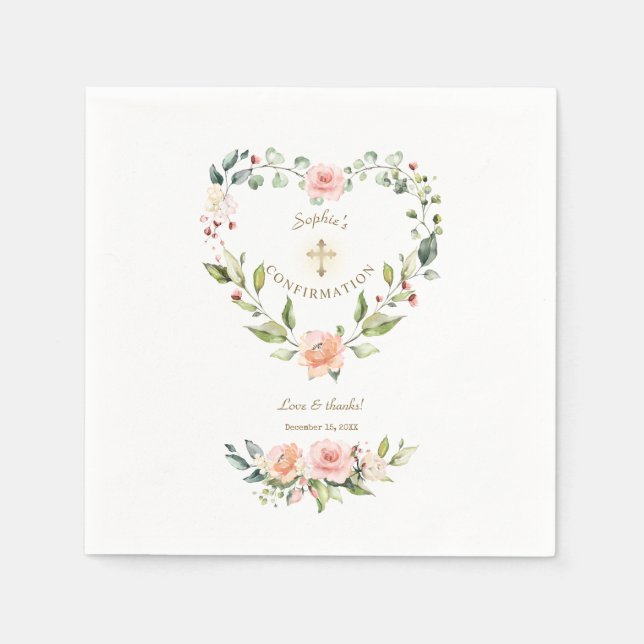 Blush Floral Heart Gold Cross Girl Confirmation Napkin (Front)
