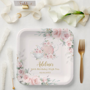 Blush Floral High Tea Party Birthday Bridal Shower Paper Plate