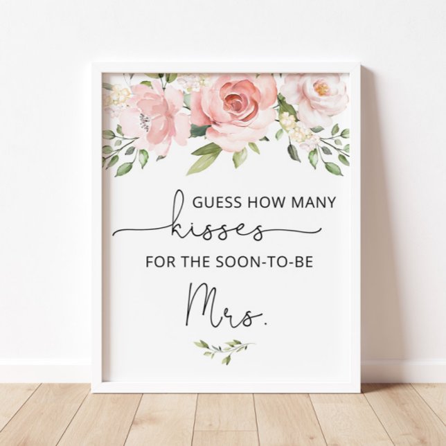 Blush floral how many kisses bridal shower game poster (Creator Uploaded)