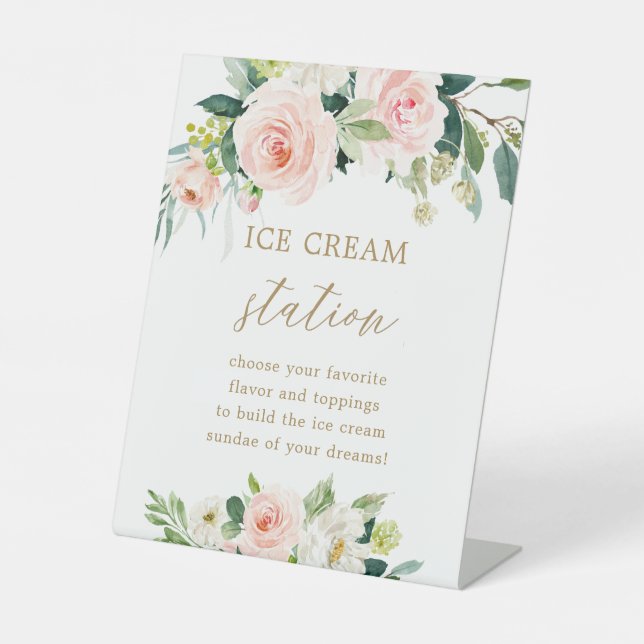 Blush Floral Ice Cream Bar Dessert Table Sign (Front)