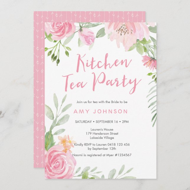 Blush floral Kitchen Tea Party Invitation (Front/Back)