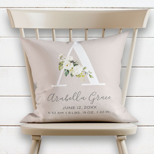 Blush Floral Letter A Monogram Baby Birth Stats Cushion (Creator Uploaded)