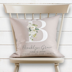 Blush Floral Letter B Monogram Baby Birth Stats Cushion