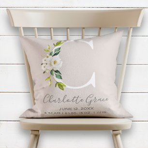 Blush Floral Letter C Monogram Baby Birth Stats Cushion