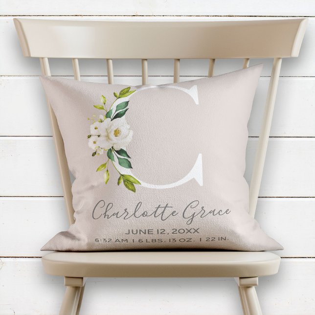 Blush Floral Letter C Monogram Baby Birth Stats Cushion (Creator Uploaded)