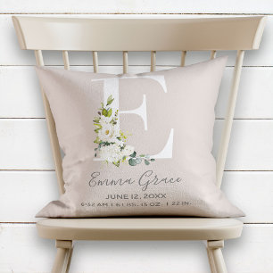 Blush Floral Letter E Monogram Baby Birth Stats Cushion