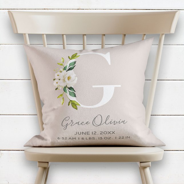 Blush Floral Letter G Monogram Baby Birth Stats Cushion (Creator Uploaded)