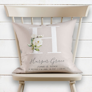 Blush Floral Letter H Monogram Baby Birth Stats Cushion