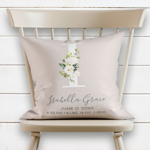Blush Floral Letter I Monogram Baby Birth Stats Cushion