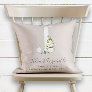 Blush Floral Letter J Monogram Baby Birth Stats Cushion