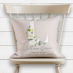 Blush Floral Letter L Monogram Baby Birth Stats Cushion