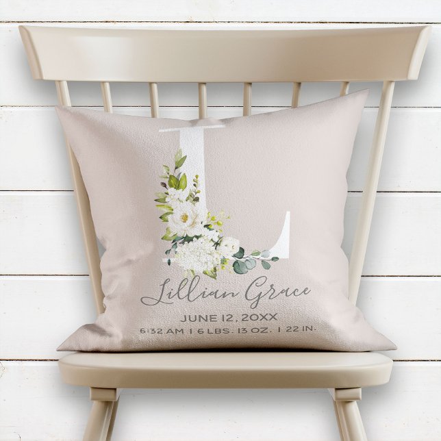 Blush Floral Letter L Monogram Baby Birth Stats Cushion (Creator Uploaded)
