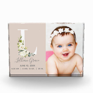 Blush Floral Letter L Photo Monogram Birth Stats Block